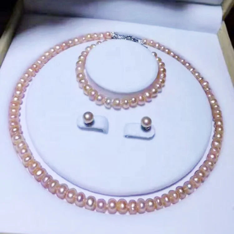 Factory Price AA 7-8mm Button Round Natural Freshwater Pearl Jewelry Set