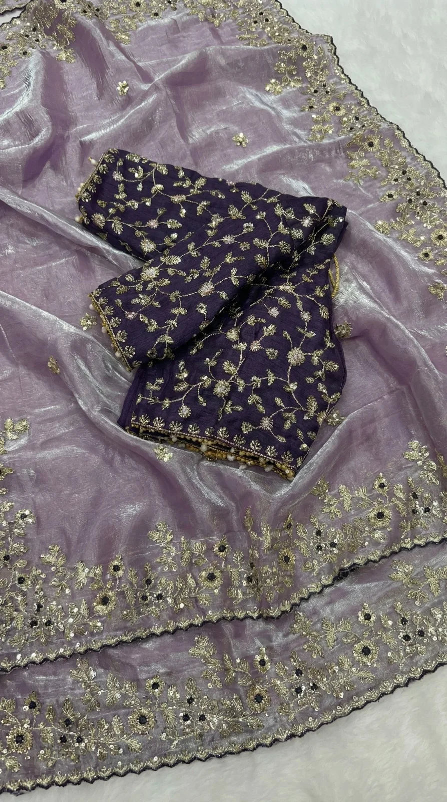 Premium Pure Fandy Satin Saree Heavy Sequence Work Pallu Elegant Cut Work