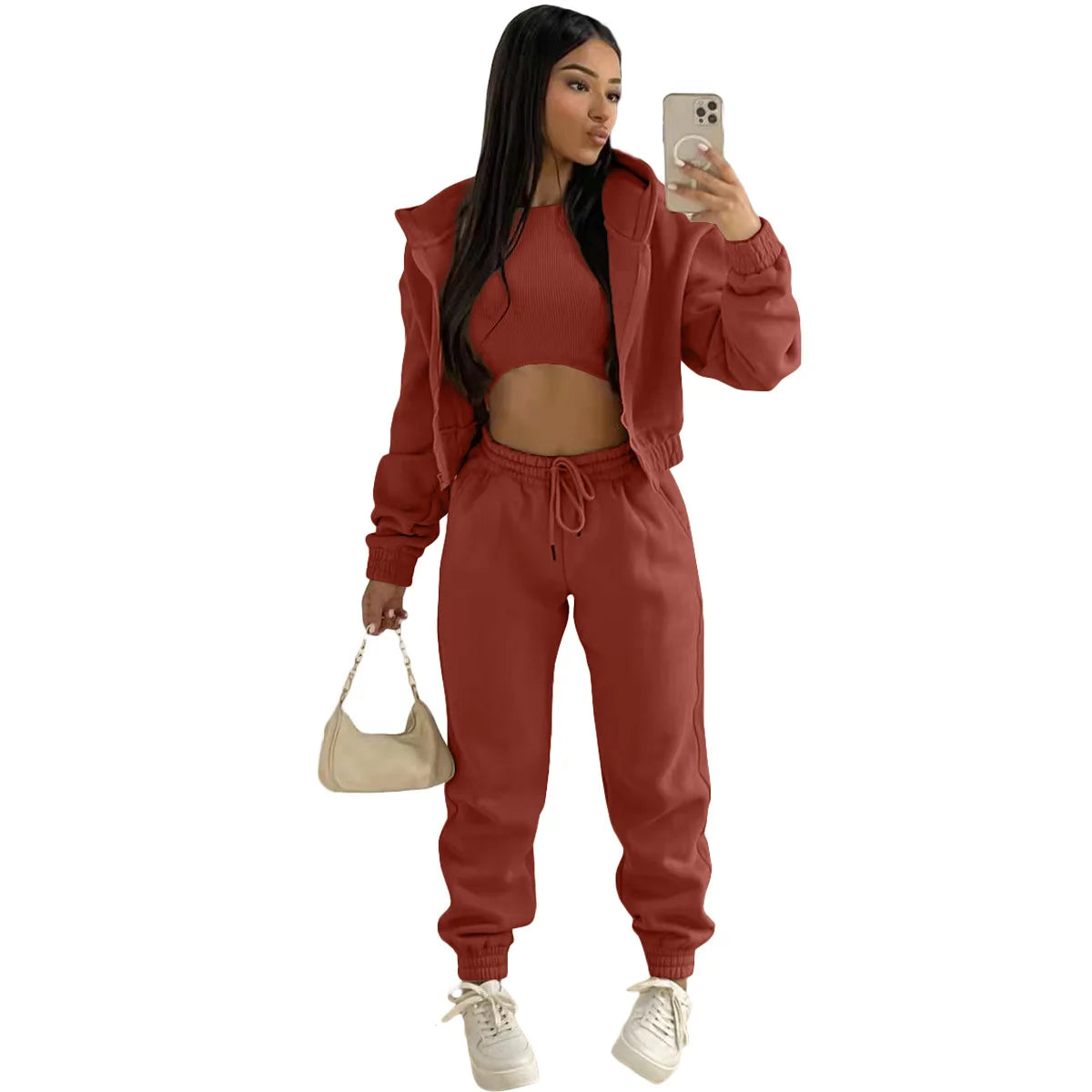 Women Tracksuit Casual Hooded Sport 3 Pieces Set Solid Color Long Sleeve