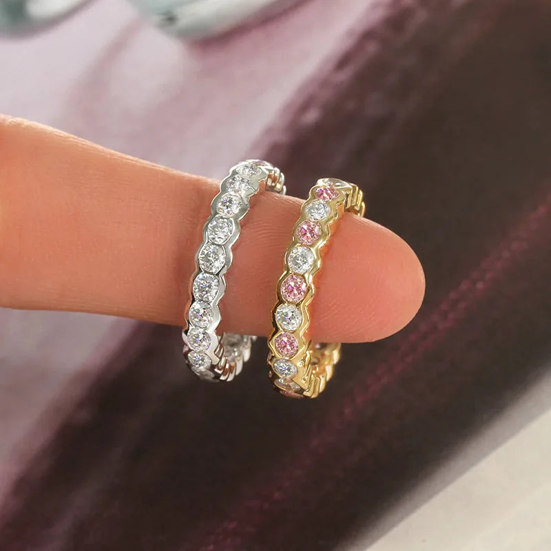 Q886 Women's Gold Eternity Band Ring Round Brilliant Cut Crystal