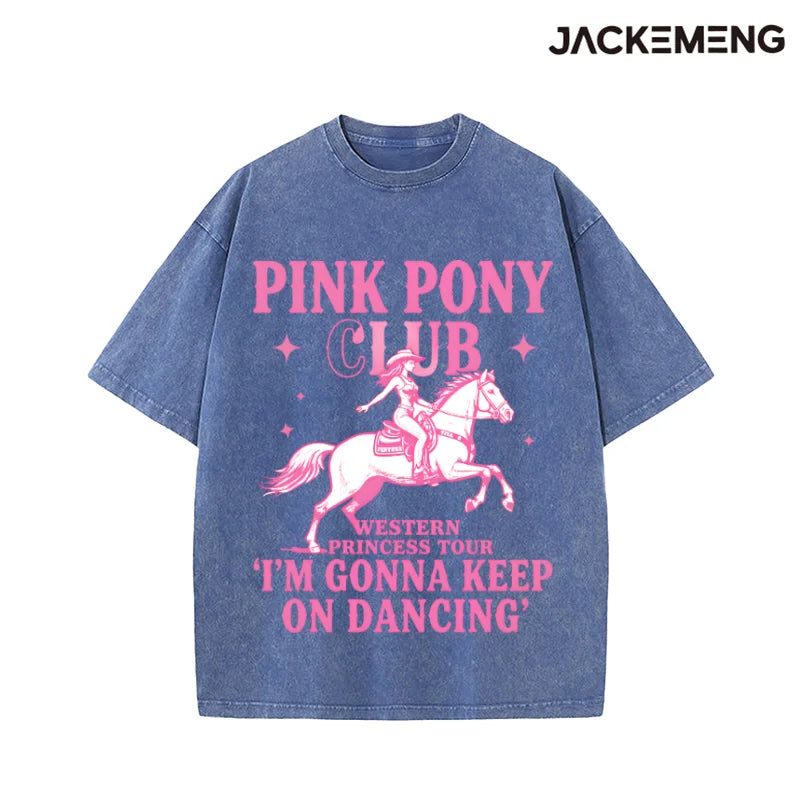 Oversized Solid Pink Outline Cowgirl Riding Horse Star Western Print