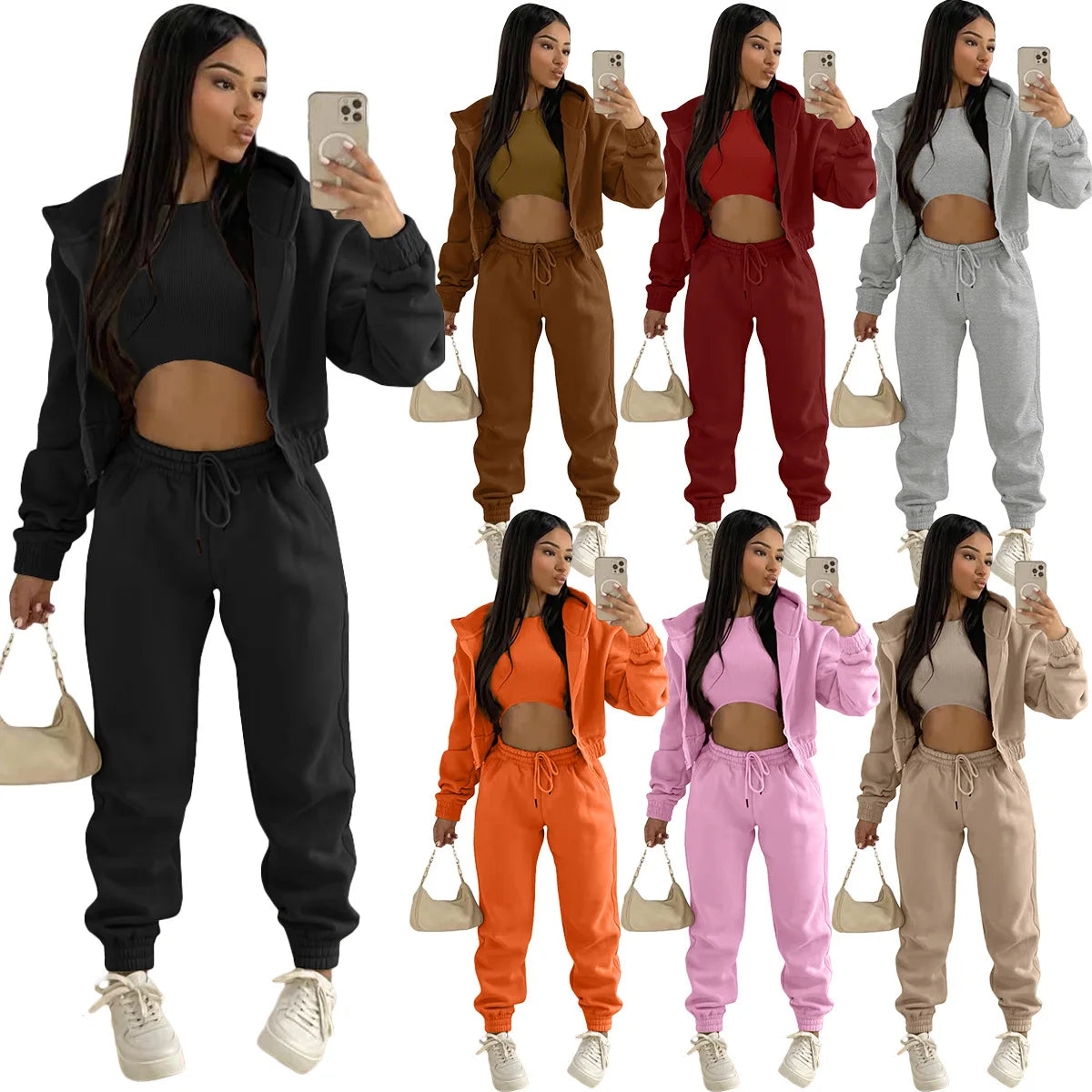 Women Tracksuit Casual Hooded Sport 3 Pieces Set Solid Color Long Sleeve
