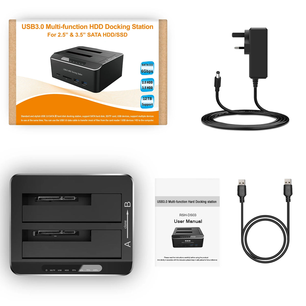 RSHTECH Docking Station HDD with SD/TF Card Reader 16TB USB 3.0 HDD