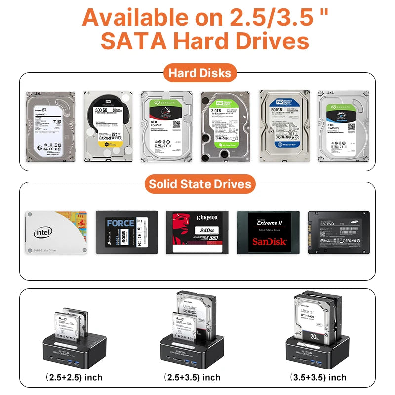 RSHTECH Docking Station HDD with SD/TF Card Reader 16TB USB 3.0 HDD