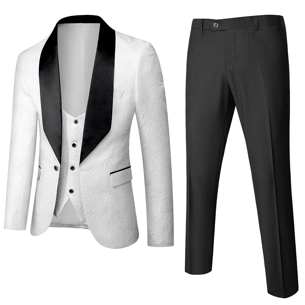 Men's ( Jacket+Vest+Pants ) Wedding Suits White Jacquard Black Satin