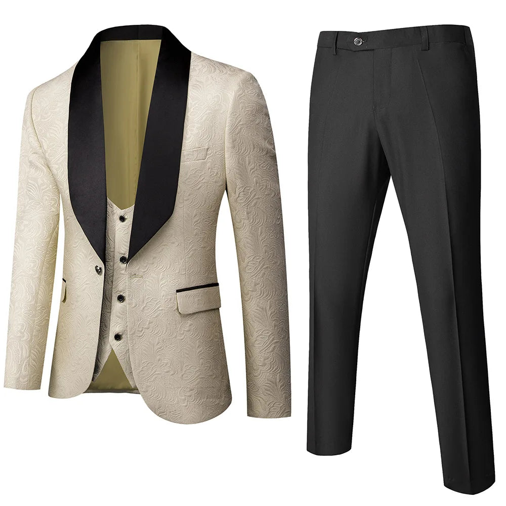 Men's ( Jacket+Vest+Pants ) Wedding Suits White Jacquard Black Satin