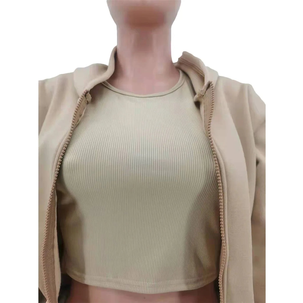 Women Tracksuit Casual Hooded Sport 3 Pieces Set Solid Color Long Sleeve