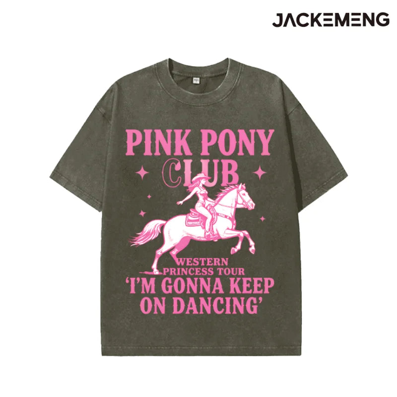 Oversized Solid Pink Outline Cowgirl Riding Horse Star Western Print