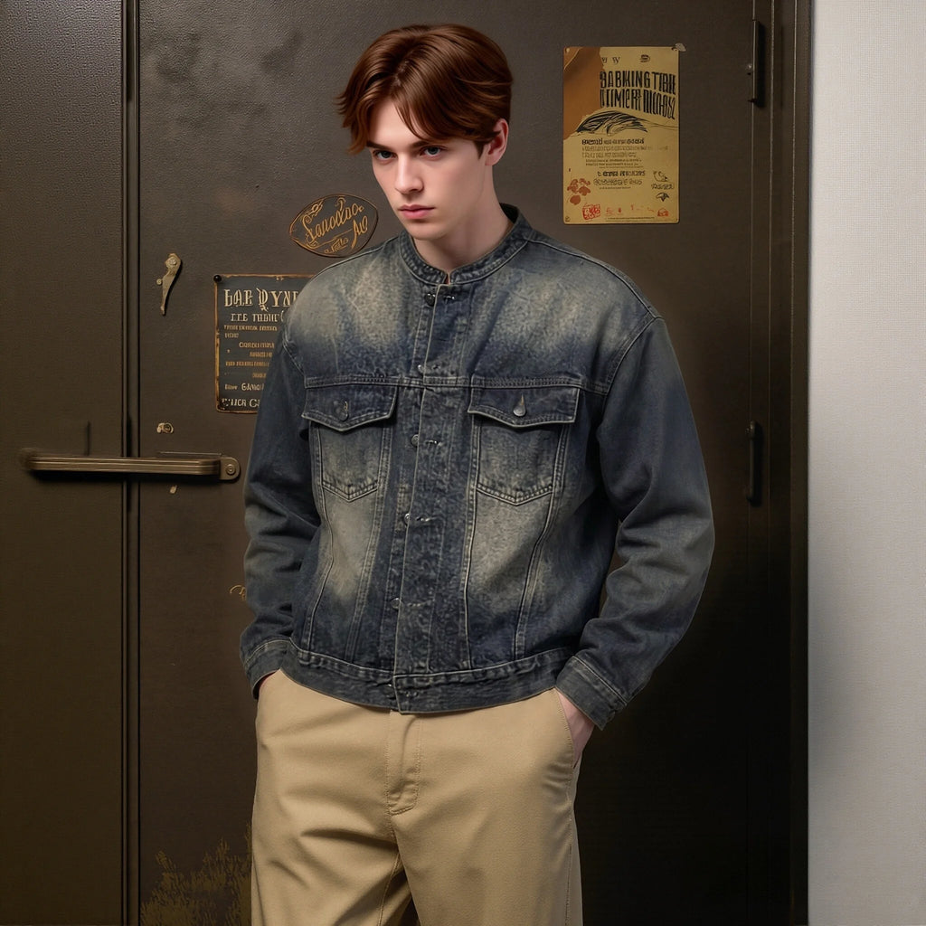 US Ready Stock Men's Vintage Washed Denim Jacket Blue Trucker Jacket