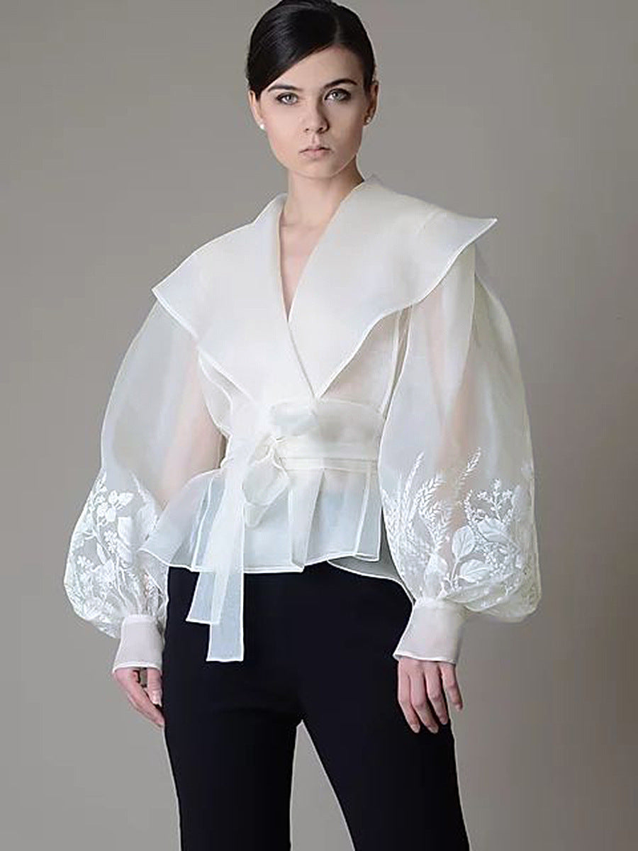 French-Style Elegant Printed Blouse Summer New Organza Large Lapel Lantern