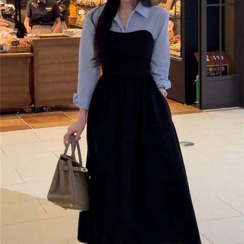 Plus Size Early Autum New Women's Fake Two-Piece Shirt Black Long-Sleeved
