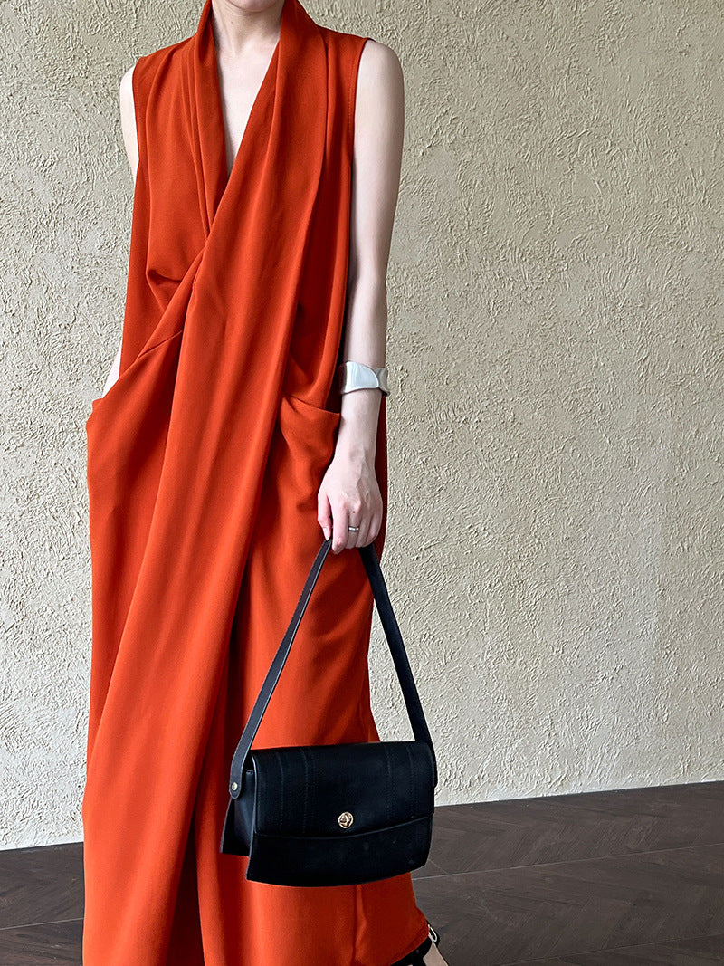 Luxi Elegant V-neck Sleeveless Kink Waist dress Women's Slimming Irregular