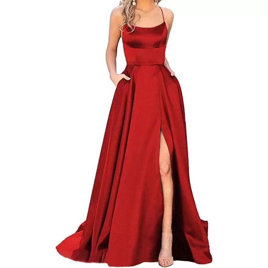 new bridesmaid dress long dress small tail strap solid color banquet