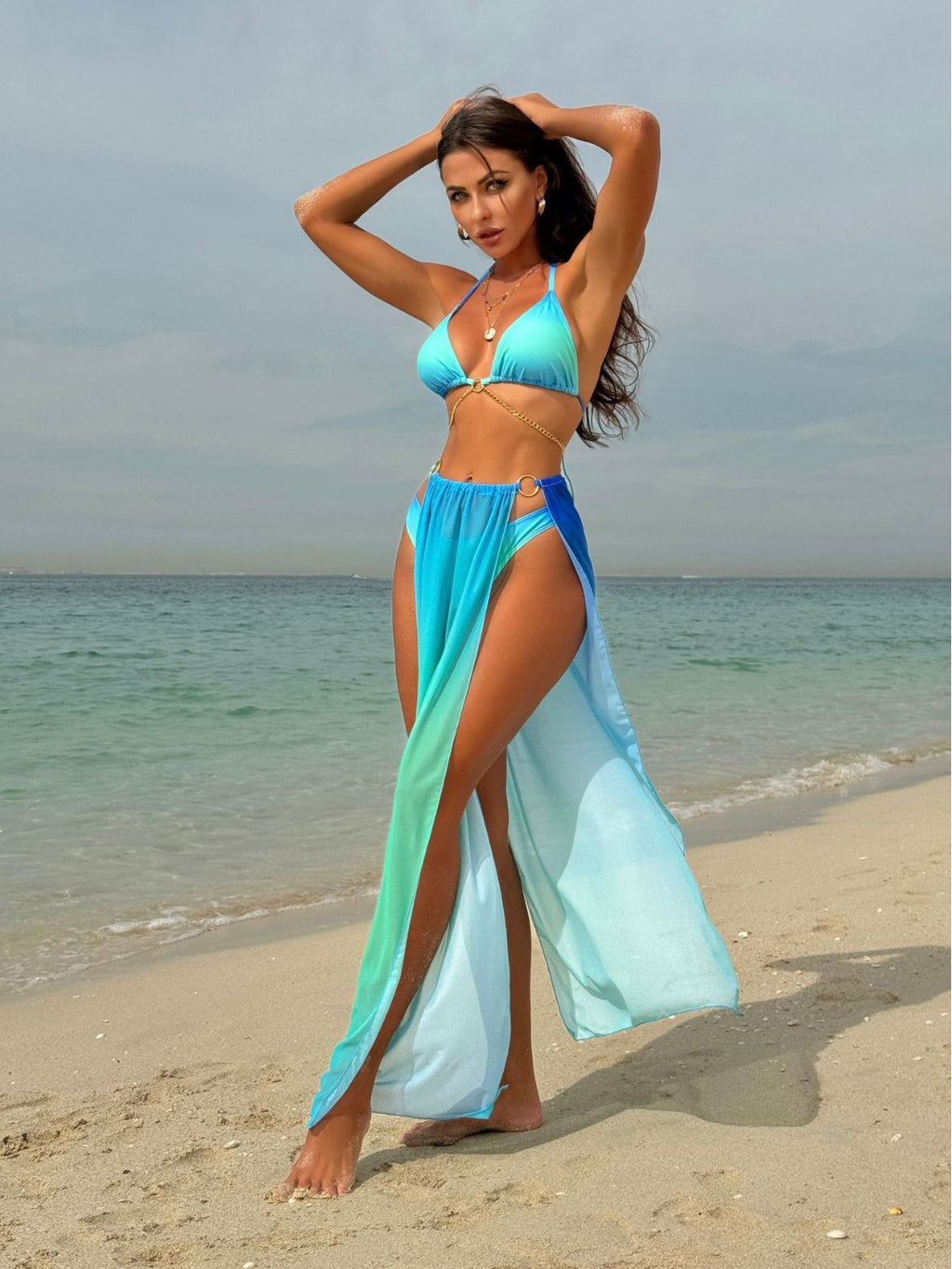 New Gradient Mesh Long Skirt Drawstring Strap Bikini Three-Piece Swimsuit