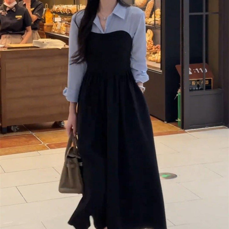 Plus Size Early Autum New Women's Fake Two-Piece Shirt Black Long-Sleeved