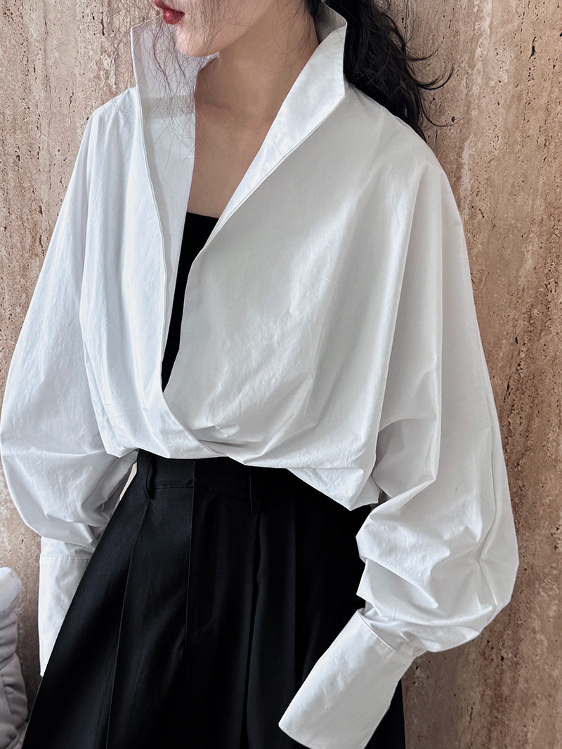 Luxi profile stacked stand collar deep V-neck white shirt Women's lazy