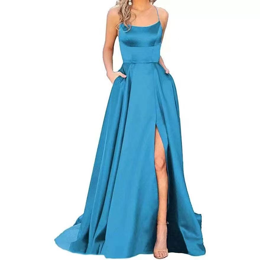 new bridesmaid dress long dress small tail strap solid color banquet