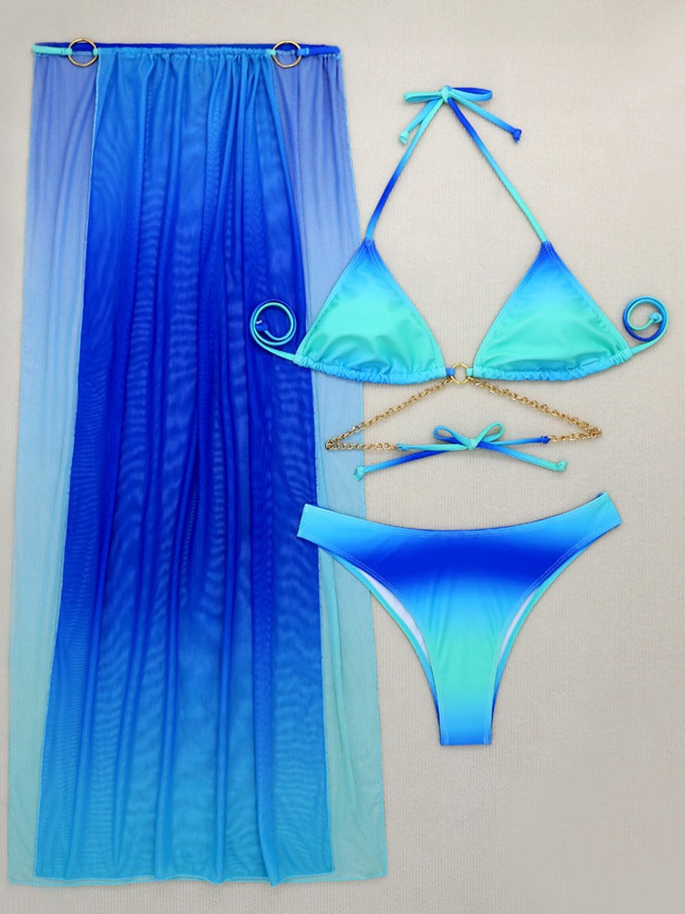 New Gradient Mesh Long Skirt Drawstring Strap Bikini Three-Piece Swimsuit