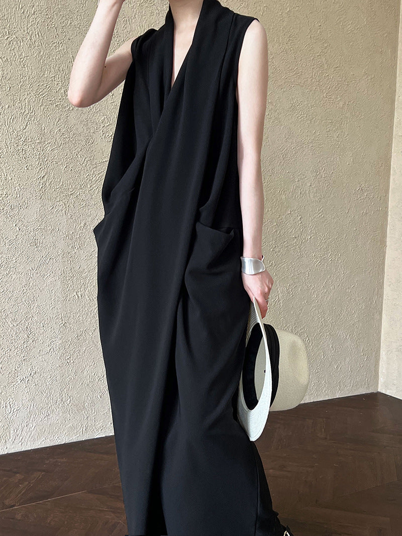 Luxi Elegant V-neck Sleeveless Kink Waist dress Women's Slimming Irregular