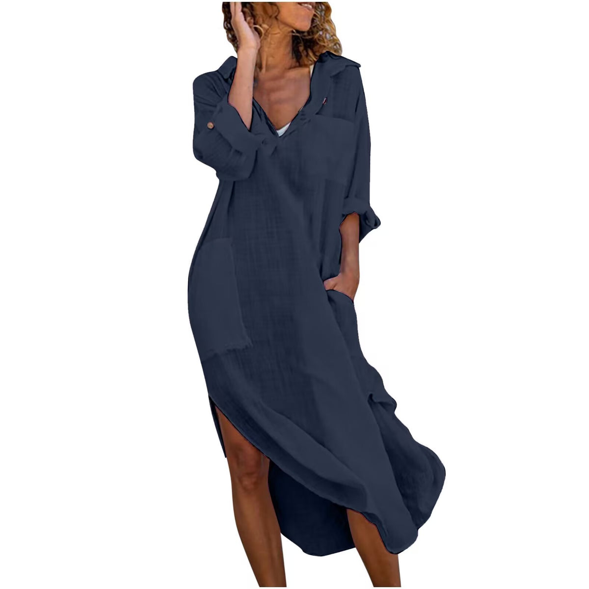 New Style Solid Color Button Slit Loose Breathable Casual Shirt Cotton