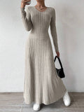 Dress Slim Fashion Women's Knitted Pure Color Long-Sleeved A-Line Street