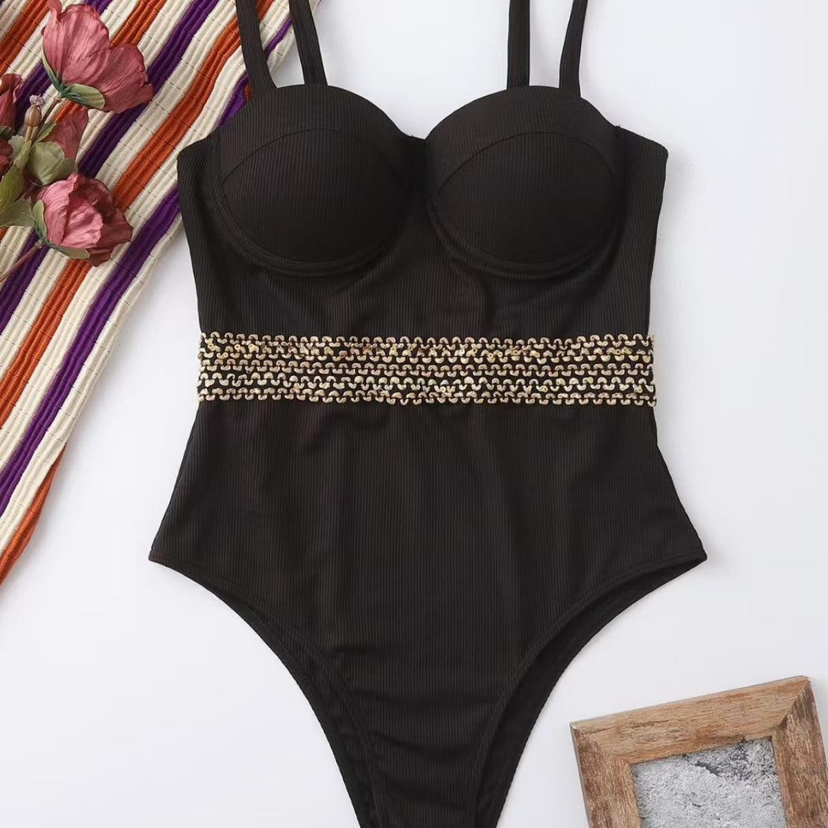 high luxury gold-edged one-piece swimsuit hard bag shoulder strap