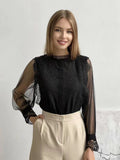Europe, America and Russia New Elegant Solid Color Mesh Long Sleeve Puff