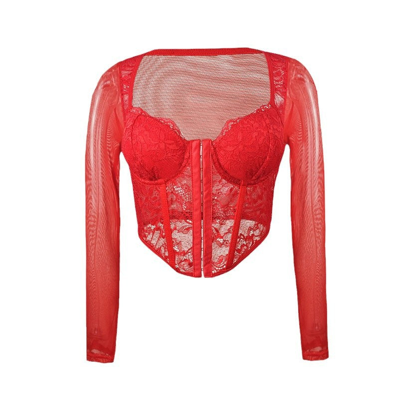 Style Sexy Lace Mesh Square Collar Long-Sleeved T-Shirt Women's Hot Girl