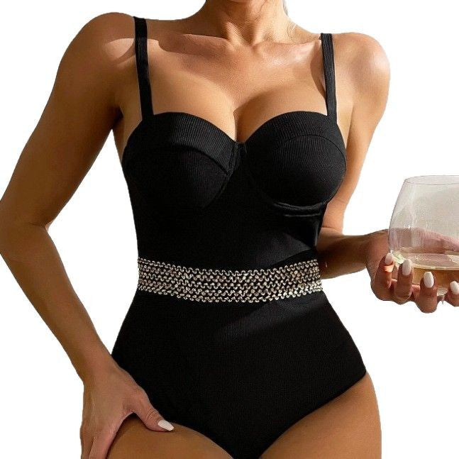 high luxury gold-edged one-piece swimsuit hard bag shoulder strap