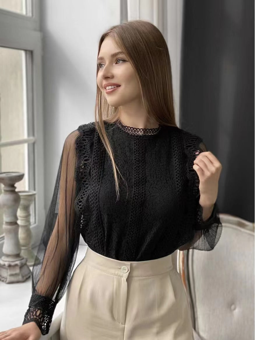 Europe, America and Russia New Elegant Solid Color Mesh Long Sleeve Puff
