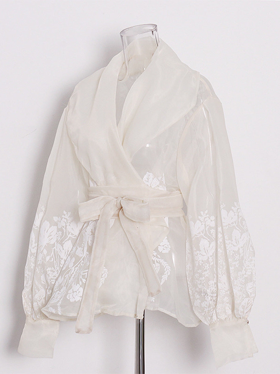 French-Style Elegant Printed Blouse Summer New Organza Large Lapel Lantern