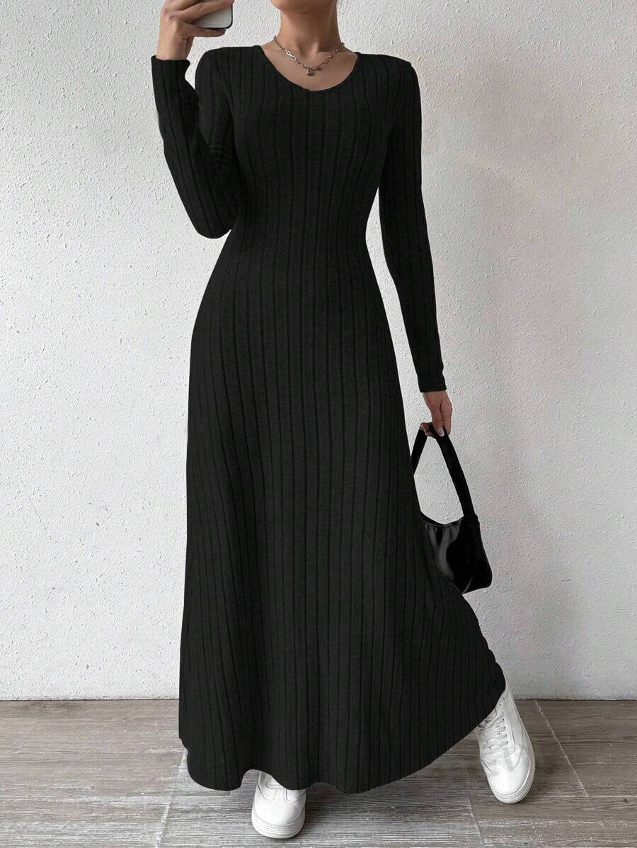 Dress Slim Fashion Women's Knitted Pure Color Long-Sleeved A-Line Street