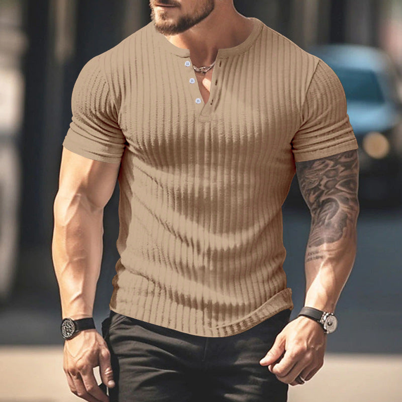 25 Pure Color Men's New Summer Versatile Short-Sleeved Export Henry Shirt
