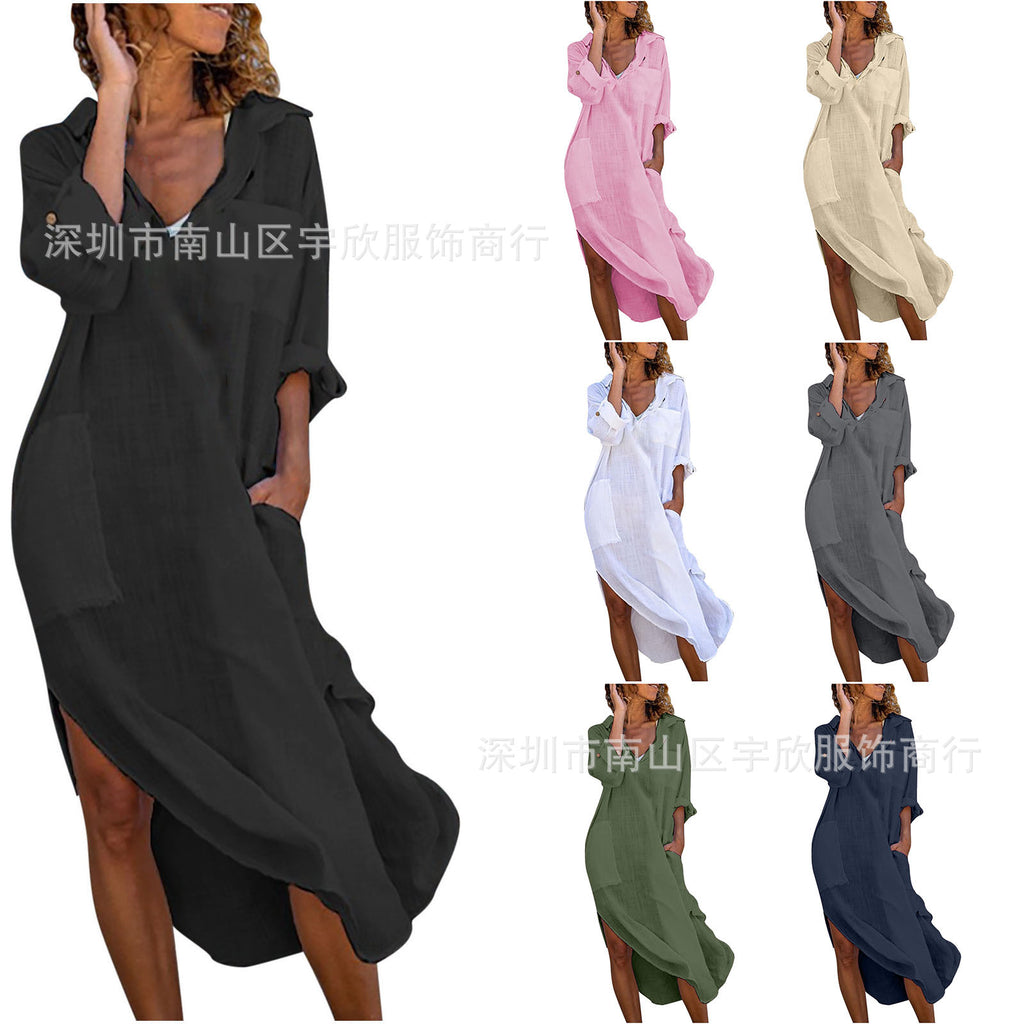 New Style Solid Color Button Slit Loose Breathable Casual Shirt Cotton