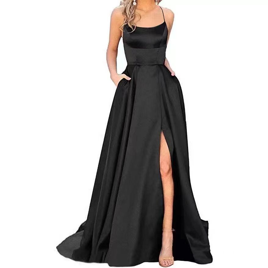 new bridesmaid dress long dress small tail strap solid color banquet