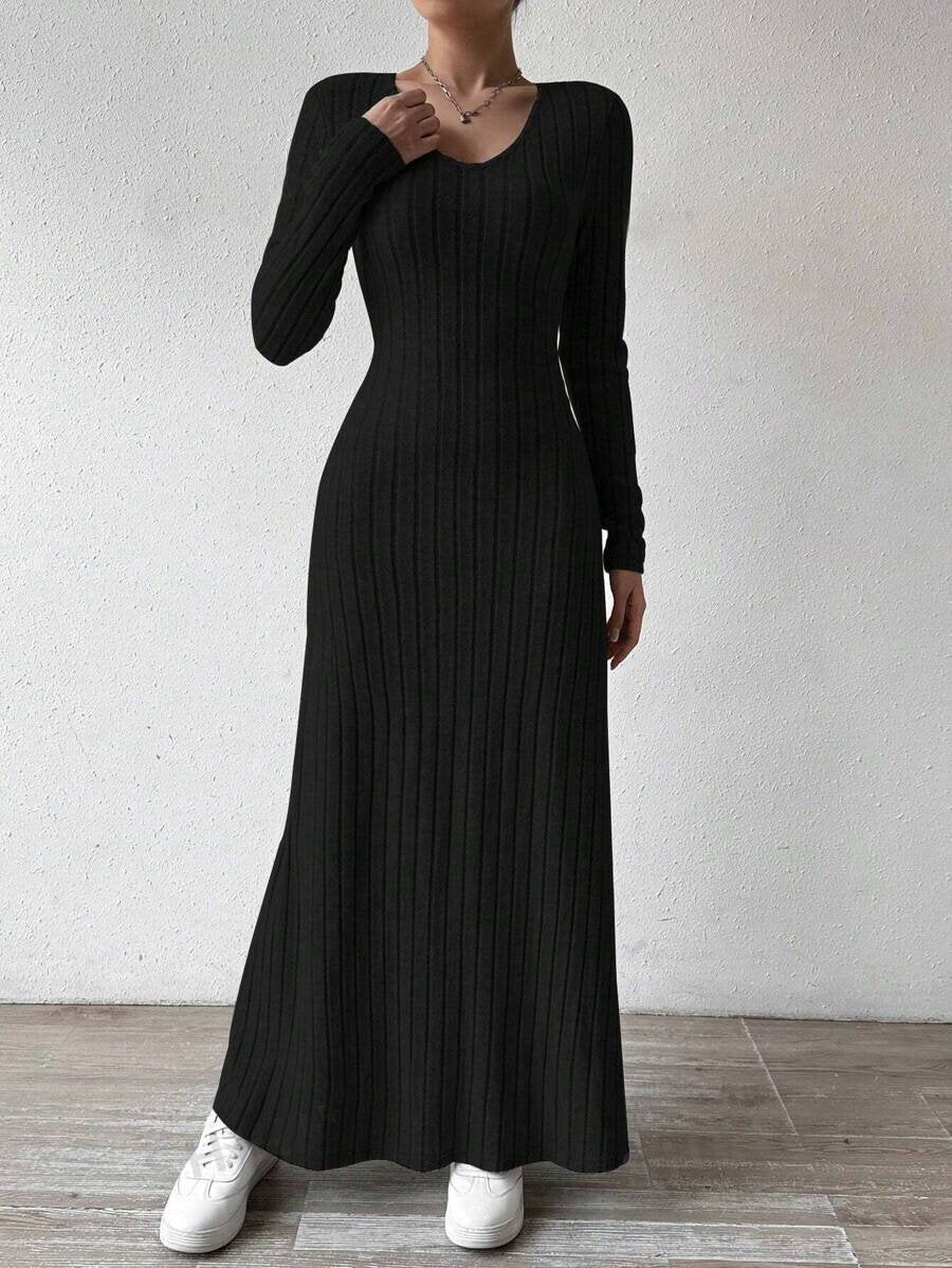 Dress Slim Fashion Women's Knitted Pure Color Long-Sleeved A-Line Street