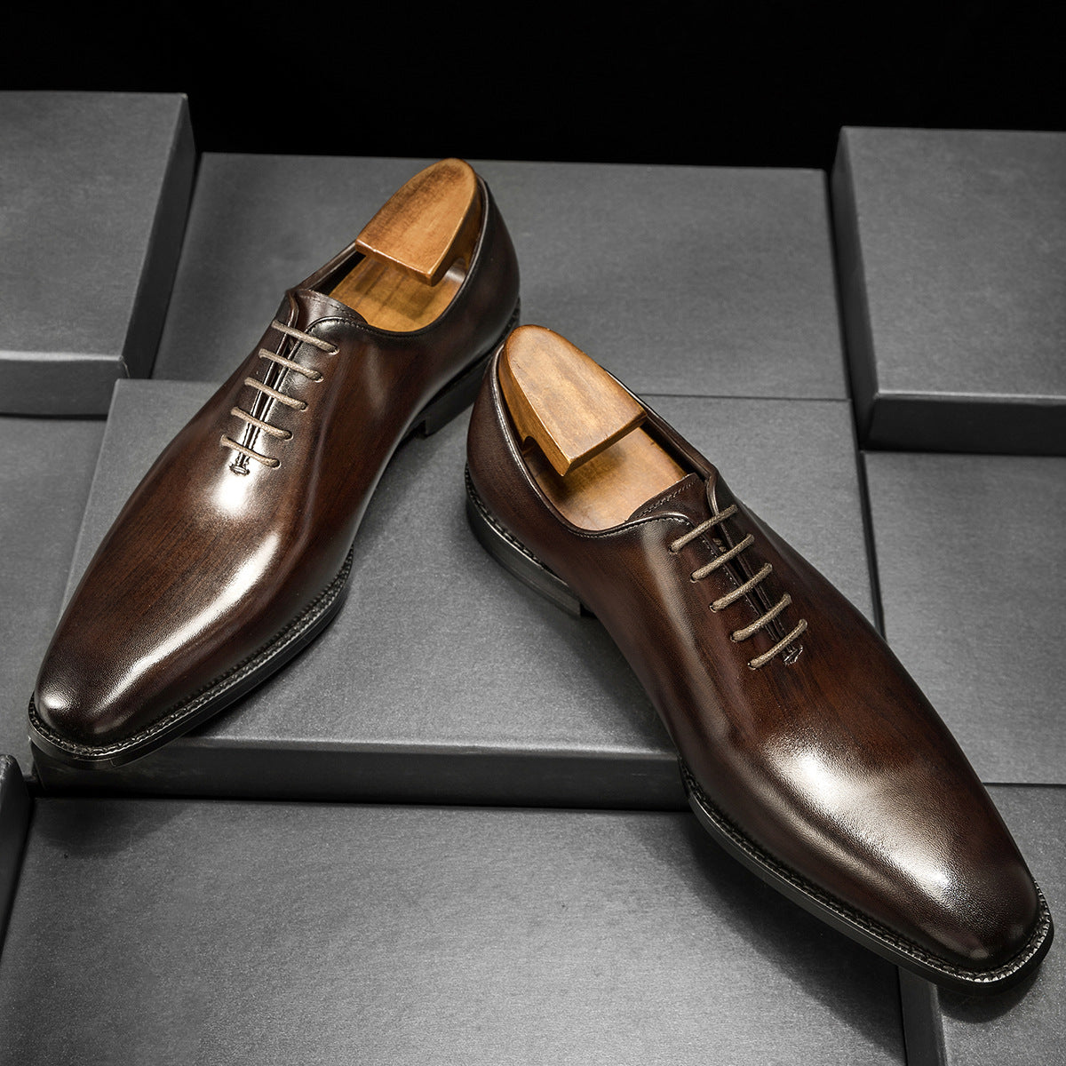 One-piece Oxford Shoes-Hand-brushed] Men's Leather Shoes Business Dress
