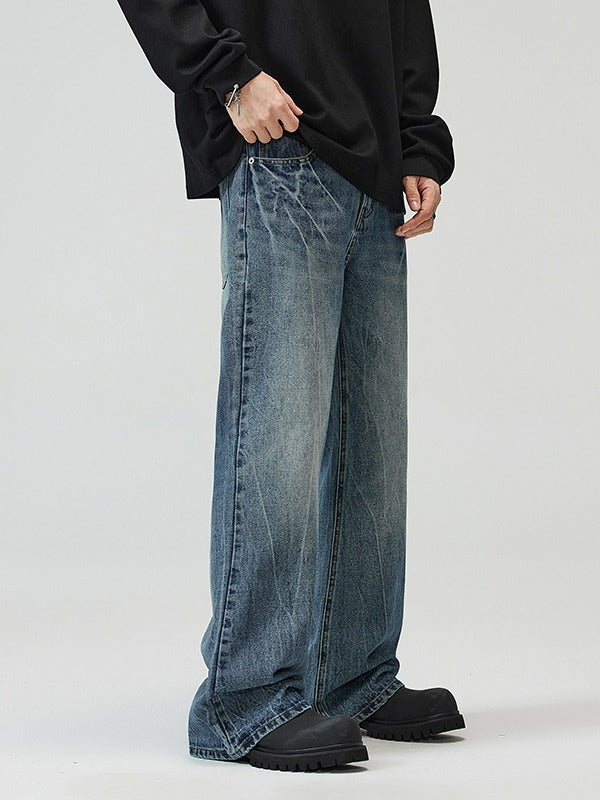 LKTM Men's# American vibe Lightning Crack Blue Jeans Men's cleanfit
