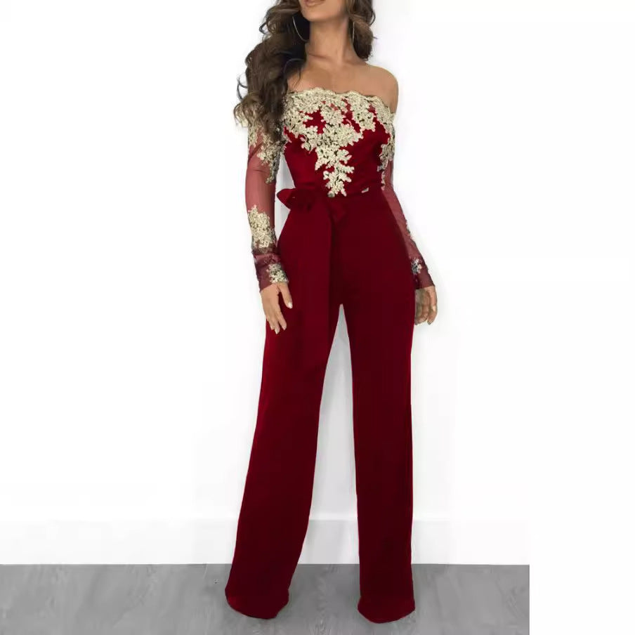 Sj3227 Casual Women's Water-Soluble Lace One-Line Collar Wide-Leg Jumpsuit