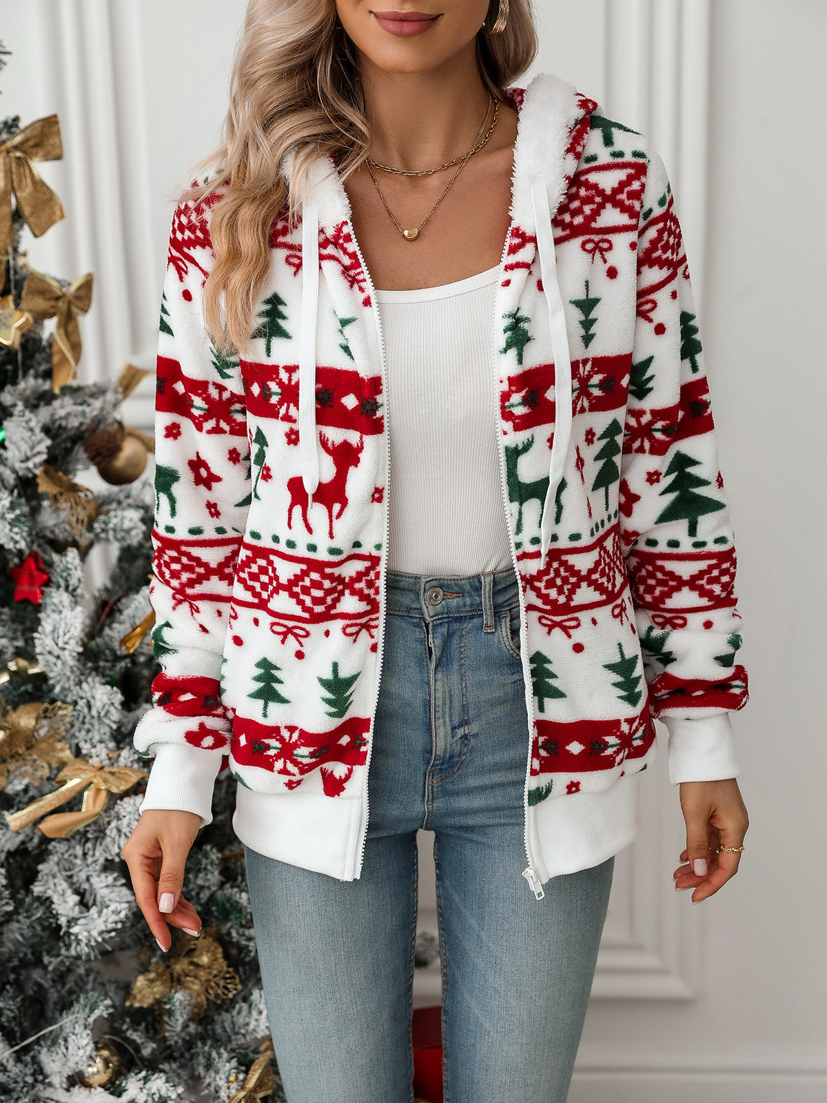 Flash velvet autumn and winter new women's long sleeve cardigan Christmas