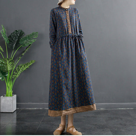 Spring New Vintage Printed Lace-up Waist Lace Small Floral Base Large Size