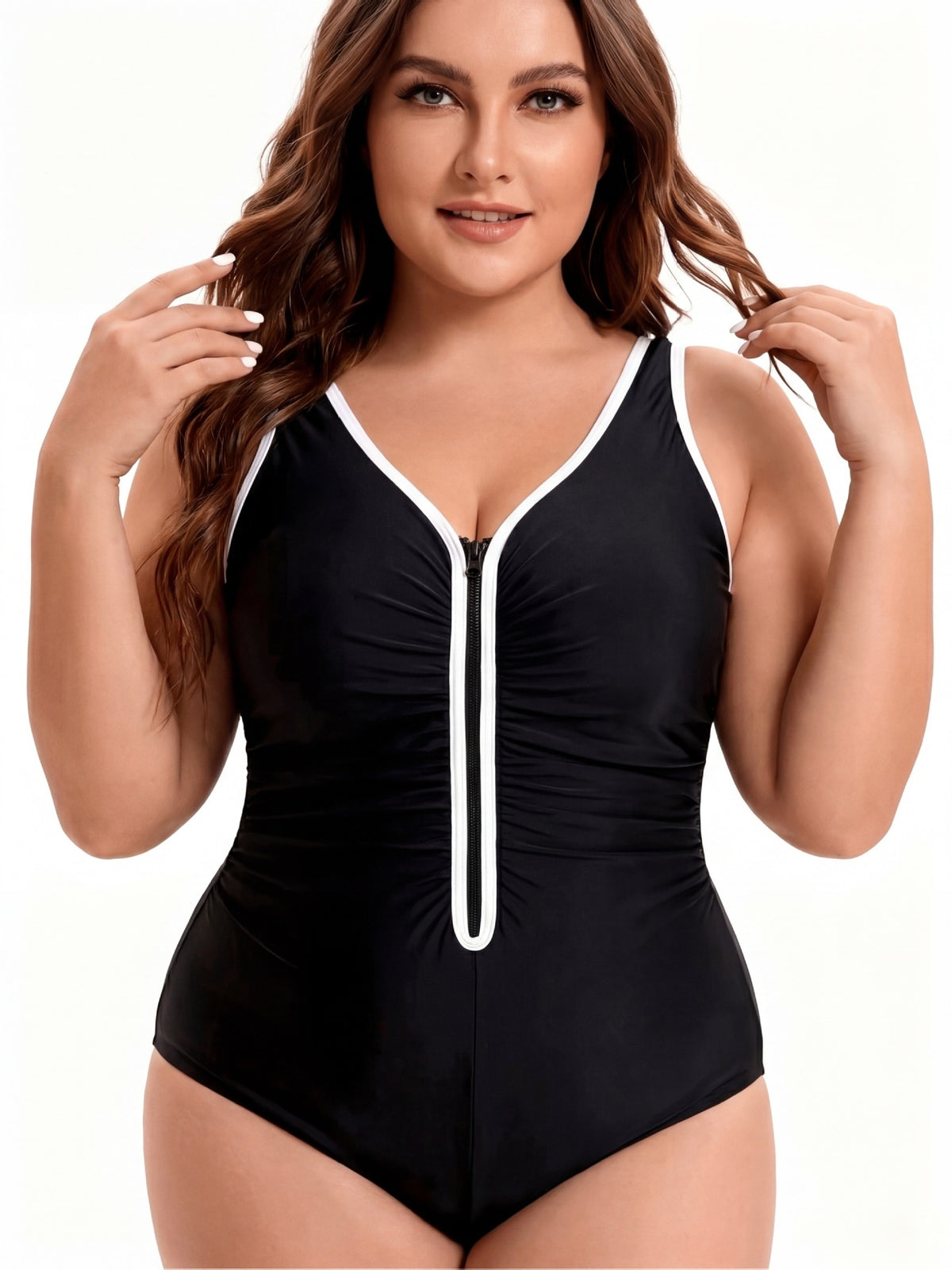One-Piece Swimsuit, Style, Plus Size, Black and Blue Color-Blocking, Front