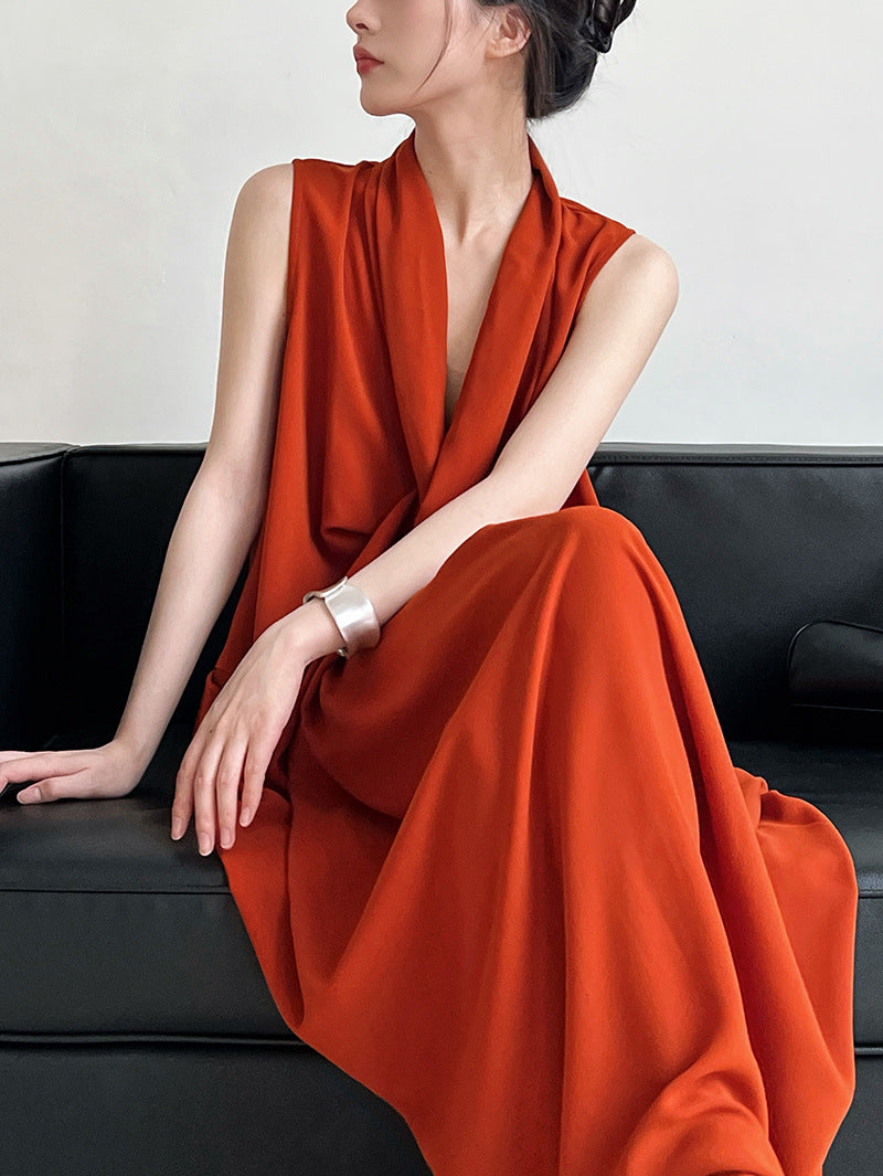 Luxi Elegant V-neck Sleeveless Kink Waist dress Women's Slimming Irregular