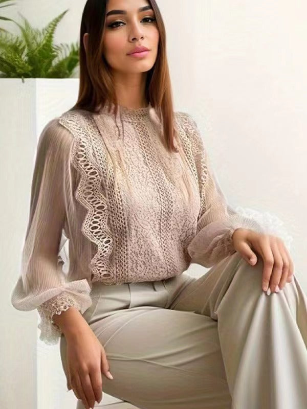 Europe, America and Russia New Elegant Solid Color Mesh Long Sleeve Puff