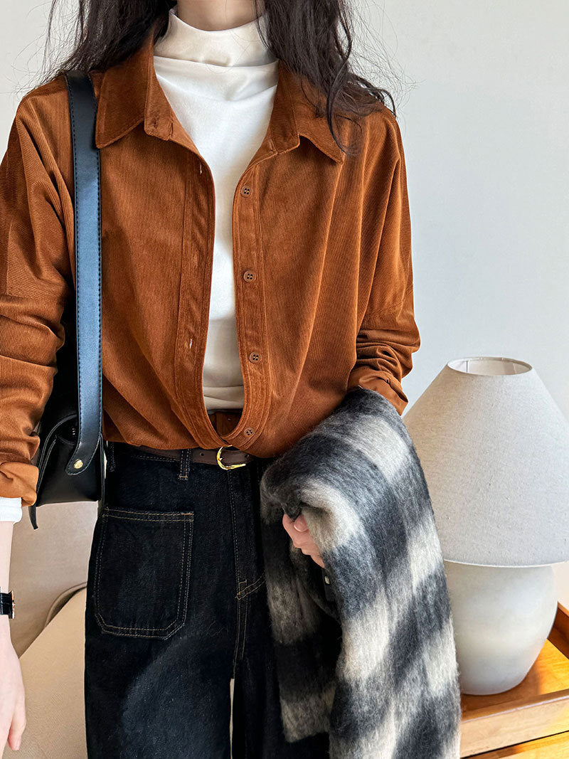 Lushi Japanese-Style Minimalist Thickened Brushed Corduroy Shirt for Women