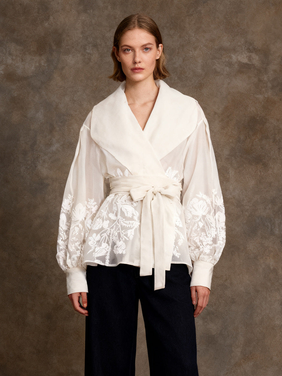 French-Style Elegant Printed Blouse Summer New Organza Large Lapel Lantern
