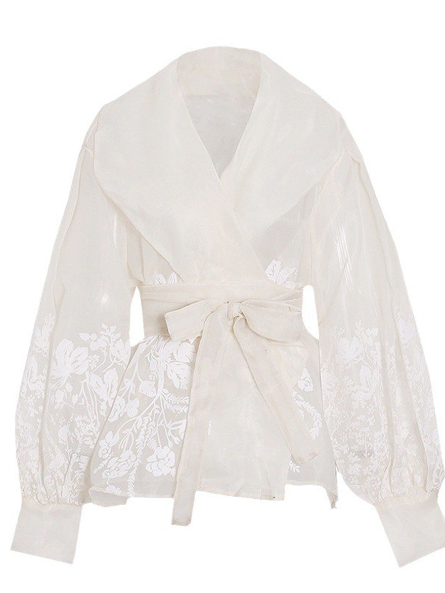 French-Style Elegant Printed Blouse Summer New Organza Large Lapel Lantern