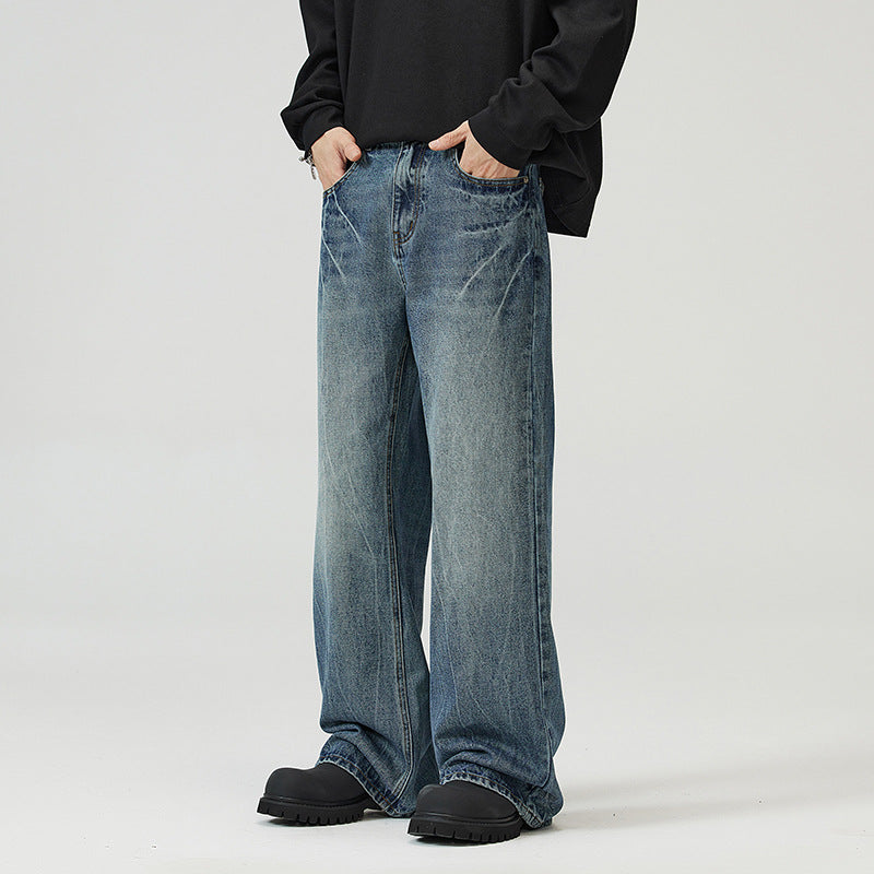 LKTM Men's# American vibe Lightning Crack Blue Jeans Men's cleanfit