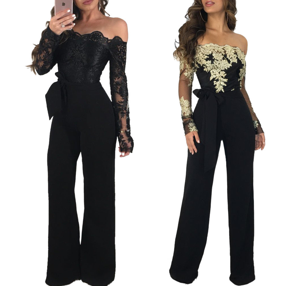 Sj3227 Casual Women's Water-Soluble Lace One-Line Collar Wide-Leg Jumpsuit