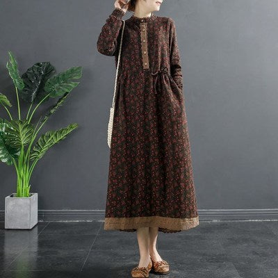 Spring New Vintage Printed Lace-up Waist Lace Small Floral Base Large Size